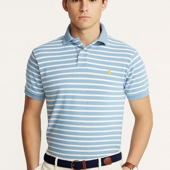 Polo Ralph Lauren Vintage Blue Striped Polo Shirt M 100% Cotton Hong Kong - Picture 1 of 8